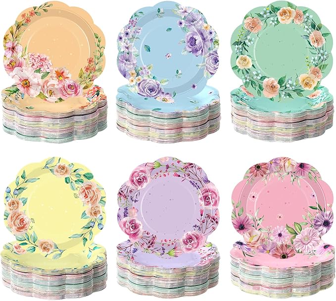 60 Pcs Floral Party Plates Floral Disposable Paper Plates, 7 Inch Elegant Vintage Garden Dinner Dish for Tea Party, Bridal Shower, Baby Shower, Birthday Supplies