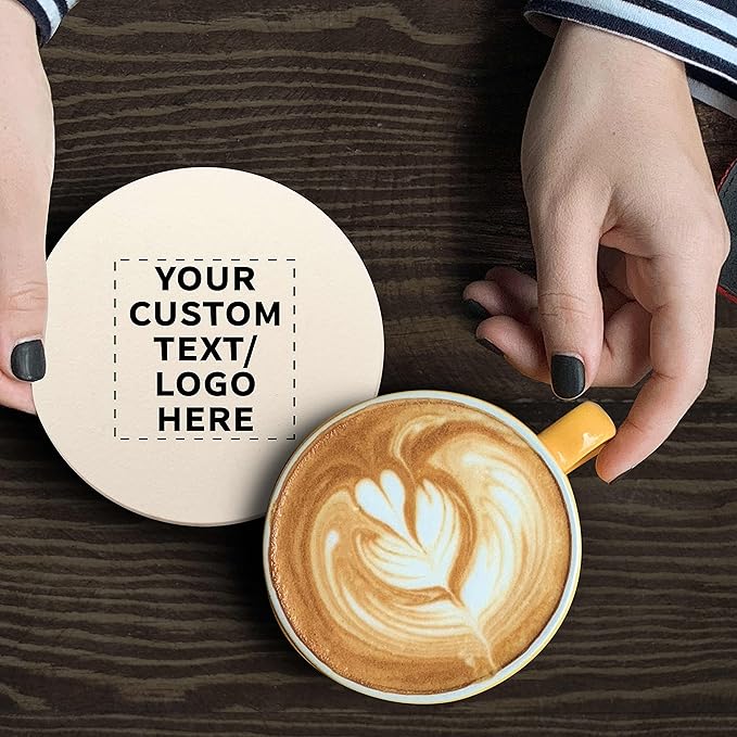 DISCOUNT PROMOS Custom Ceramic Coasters Set of 50, Personalized Bulk Pack - 4 Inches with Cork Bottom Pad, Perfect for Hotel, Bar, Restaurant - Natural