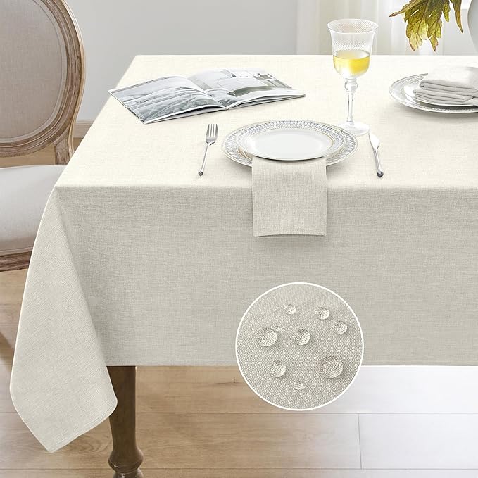 Softalker Extra Lang Tablecloth Rectangular 60 x 144 inch Cream Faux Linen Tablecloth Outdoor Waterproof Stain and Wrinkle Resistant Table Cover for Spring Easter Party Picnic Decor Vintage Tabletop