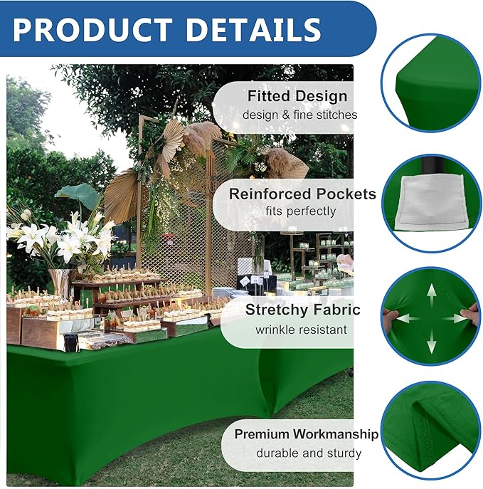 Stretch Table Cover for 6 Foot Rectangle Tables-8 Pack Green Spandex Fitted Tablecloth-Elastic 6ft Christmas Tablecloths for Party, Vendor Booth Display, Banquet Event, Craft Trade Show