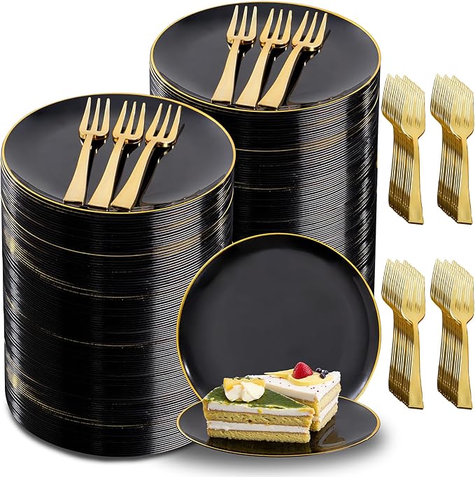 Festiva 400Pcs Black Gold Dessert Plates 6.3" with Forks 5"- 200PCS Small Disposable Dessert/Cake/Appetizer Plates and 200PCS Forks - Serve 200 Guests for Birthday Party& Wedding