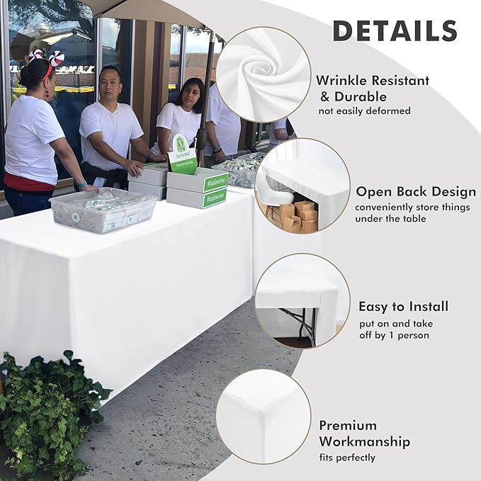 Nasitos 2 Pack White Fitted Table Covers for 6 Foot Rectangle Tables-Open Back Table Cover Washable Table Cloth for Christmas, Parties, Wedding, Banquet, Jewelry Shows, Craft Fair, Trade Show