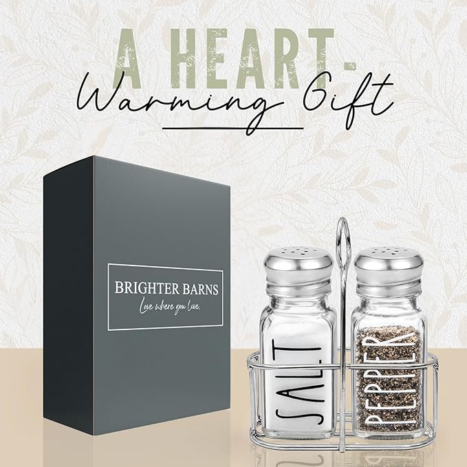 Clear Glass Salt and Pepper Shakers Set with Holder by Brighter Barns - Dining Table Countertop Accessories, Farmhouse Kitchen Decor - Glass Shakers with Caddy for Restaurant, BBQ, Camping, RV (Clear)