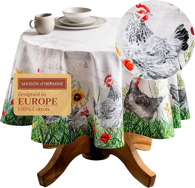 Maison d' Hermine Table Cloth Round Table 100% Cotton 69 Round Inches Tablecloth Reusable Decorative for Dining Room Farmhouse Home Valentines Day Decorations Spring Summer - Basse Cour