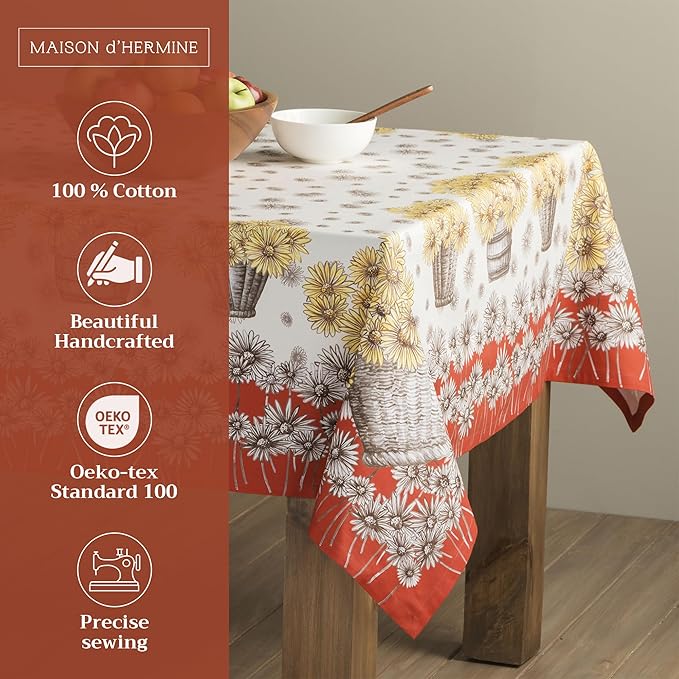 Maison d' Hermine Table Cloth Rectangle Table 100% Cotton 60 x 90 Inches Fall Tablecloth Reusable Everyday Use for Thanksgiving Christmas Decorations Dining Farmhouse Party (Bagatelle)