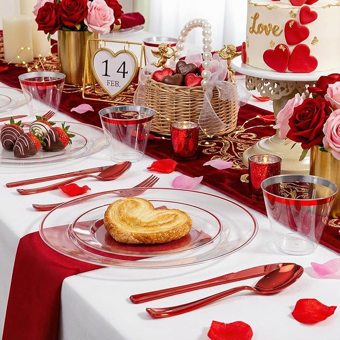 SUT 175 Pcs Red and Clear Plastic Dinnerware Set for 25 Guests, Include: 25 Dinner Plates, 25 Dessert Plates, 25 Pre Rolled Napkins With Silverware, 25 Cups, Disposable Plates for Party