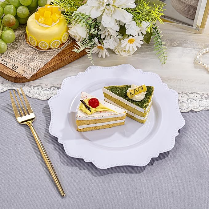 COLOSUS 100pcs 7.5 Inch White Plastic Dessert Plates,Heavy Duty Disposable Appetizer Plates,Premium Plastic Salad Plate,Fancy Disposable Cake Plate for Party, Thanksgiving and Everyday Use