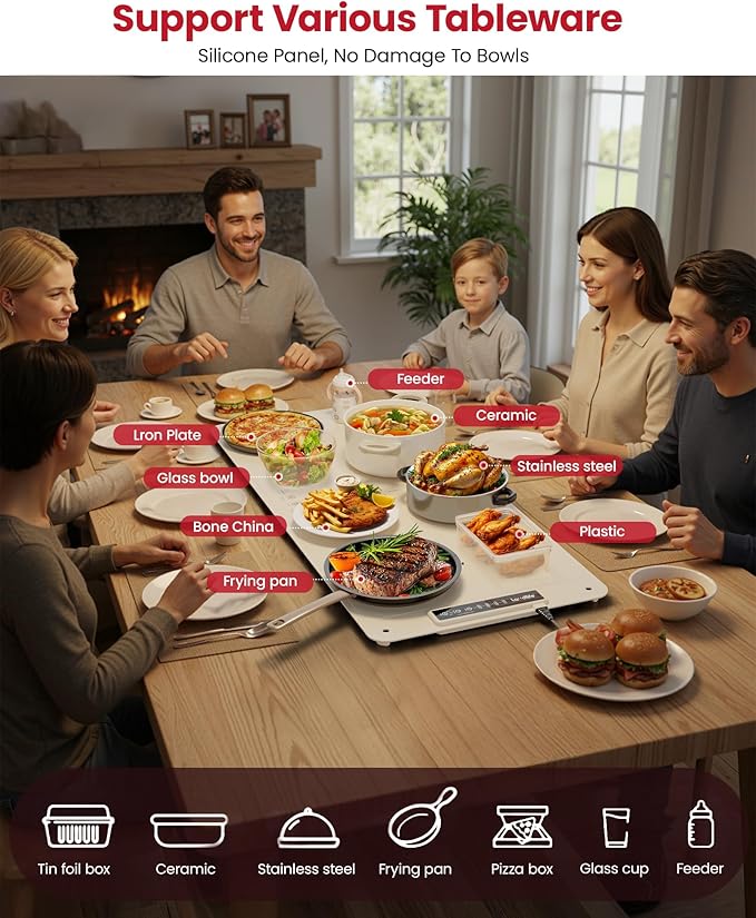 Extra Large Food Warming Mat for Countertop (XXL 36”x16”) - Full-Surface Heating Pad with 4 Temps Settings, Ideal for Buffet Party Food Warmer, Roll-Up Electric Warming Tray for All Gathering, Beige