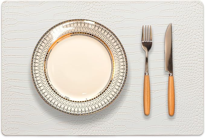 Jovono Faux Leather Placemats Set of 6, Waterproof & Heat Resistant Dinner Place Mats for Dining Table, Non-Slip Crocodile Embossed, White (17.8x11.8 Inch)