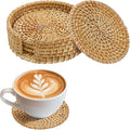 4pcs Natural Handmade Rattan Coasters with Holder - Wicker Drink Coasters Set for Protecting Table, Housewarming Gifts Boho Fall Home Decor