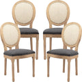 Vintage French Rattan Dining Chairs Set of 4, Solid Wood Frame with Round Rattan Back and Linen Upholstered Seat, Farmhouse Accent Sillas de Comedor Side Chairs for Dining Room & Kitchen, Gray