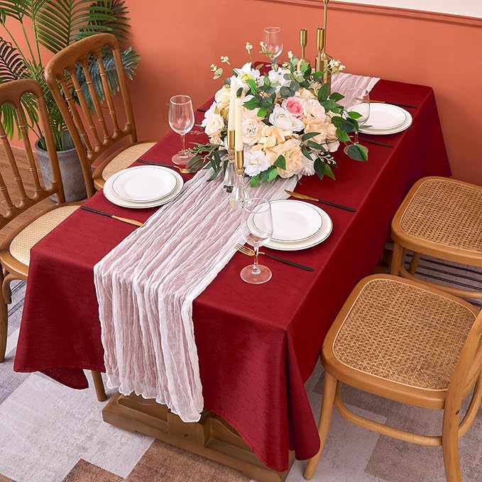 Fitable 2 Pack Faux Linen Christmas Tablecloths, Burlap Textured Fabric Table Clothes Rectangle, Rustic Decorative Table Covers for Winter Holiday Dinner Party Farmhouse (Red, 60 x 120 Inch)