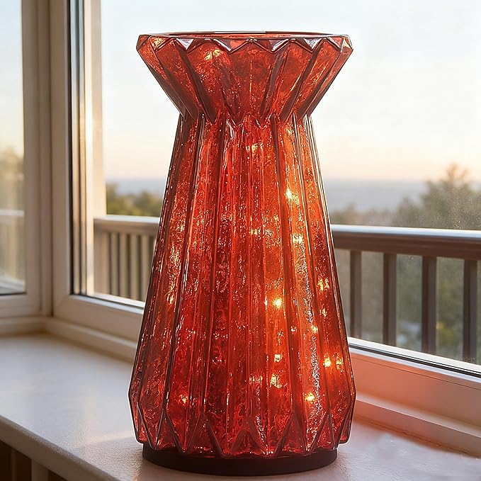 Home Decor, Mercury Glass Pillar Candle Pedestal Holders with 10 Led Lights, Lighted up Candle Holders for Pillar Candle, Glass Candlestick Holders with Timer for Wedding Home Dining Table Xmas (Red)