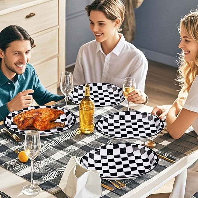 Grencian 50Pcs Black & White Gingham Oval Paper Plates Checkered Party Plates 10" X 12" Disposable 400GSM Race Car Dessert Dinnerware for Racing Car Party Supplies Birthday Baby Shower Decorations