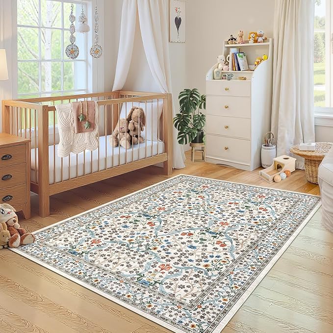 GarveeHome Floral 3x5 Area Rugs for Entryway, Washable Kitchen Rug Non Slip, Low Pile Bedroom Rug, Ultra Soft Stain Resistant Small Carpet for Laundry Room, Beige