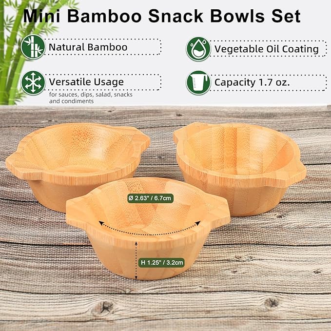 Mini Serving Bowls, 1.7 oz Small Bamboo Dipping Sauce Bowls with Handles for Charcuterie Boards/Side Dishes, Tart-shaped Pinch Bowl for Condiments/Snacks/Other Finger Foods, Set of 4