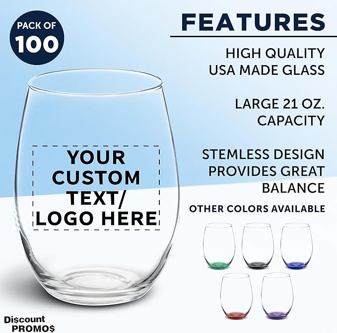 DISCOUNT PROMOS 100 ARC Stemless Wine Glasses Set, 21 oz. - Customizable Text, Logo - Chardonnay, Cabernet, Merlot, Sauvignon - Clear
