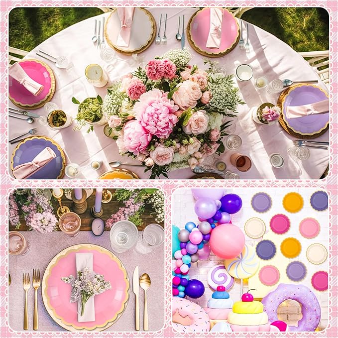 48 Pcs Purple Sun Paper Plates 9 Inch Gradient Scalloped Paper Plates Disposable Dinner Dessert for Birthday Wedding Bridal Party Supplies, 6 Colors