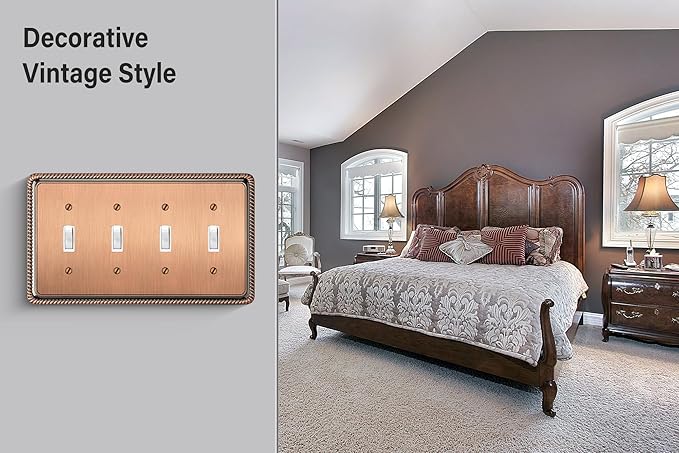 Henne Bery Rope Edge Decorative Wall Plate Switch Plate Outlet Cover (Quad Toggle, Antique Copper)