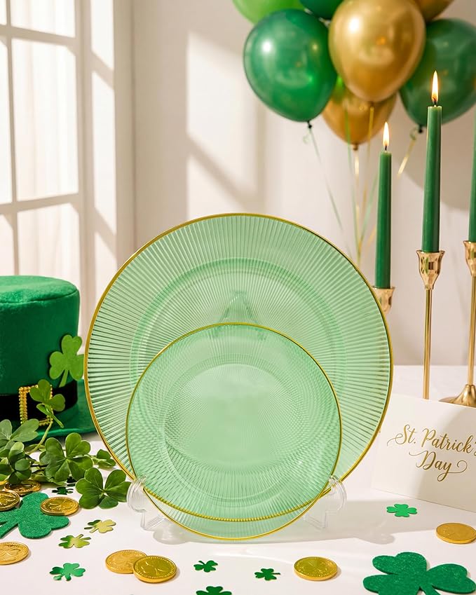 Hioasis 60pcs Green and Gold Plastic Plates - Green Disposable Dinnerware Set, 30pcs Dinner 10.25in & 30pcs Dessert 7.5in Plates with Striped Designs for Party & St. Patrick's Day