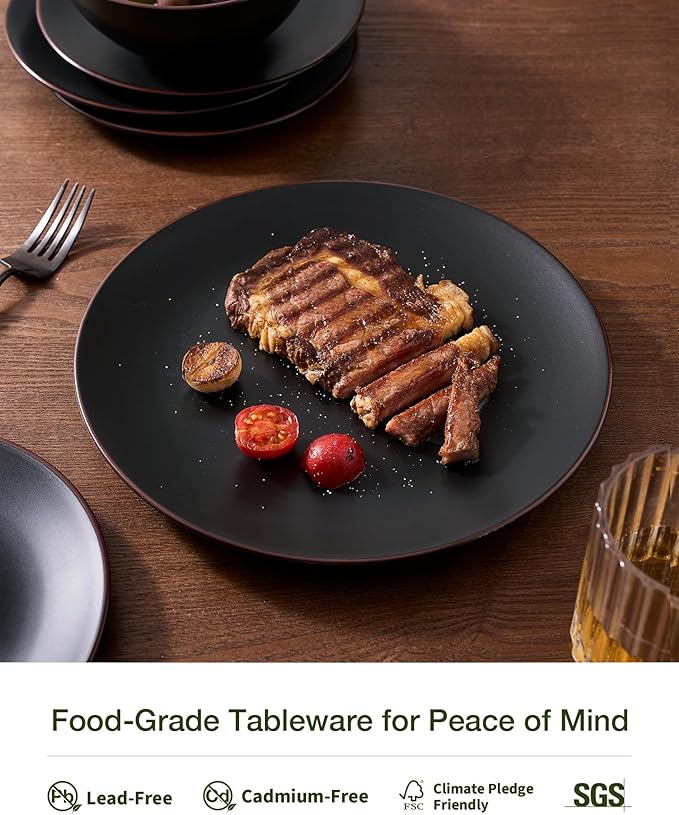 Famiware Venus Speckled Dinnerware Set with Pasta Bowls, Service for 6 (24 Pieces), Stoneware Plates and Double Bowls Sets, Microwave & Dishwasher-Safe Dishes with Trim, Matte Black