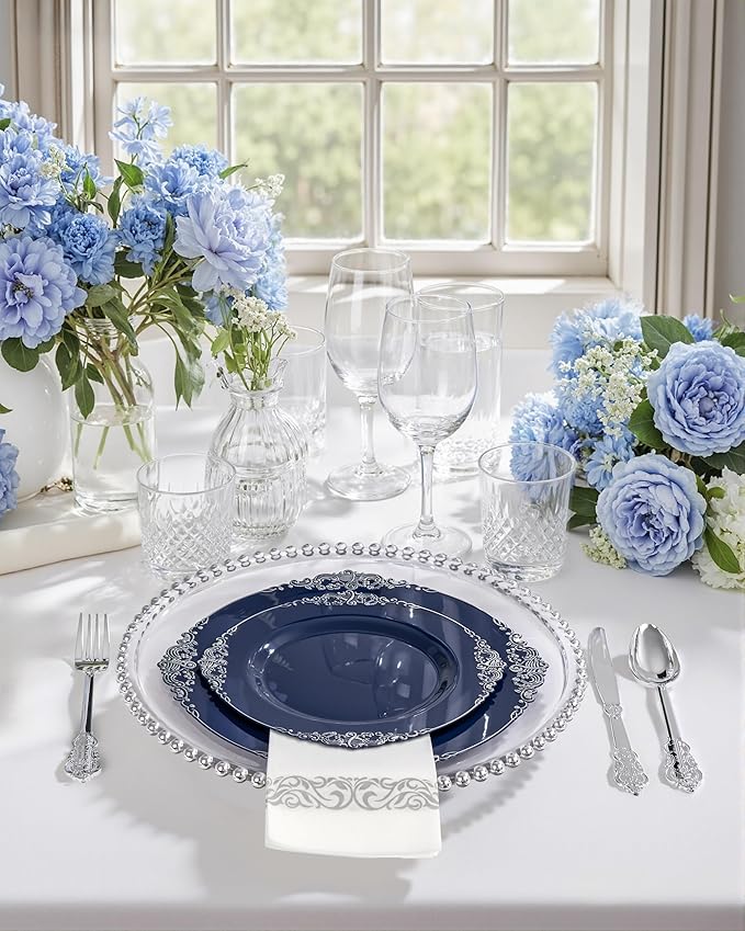 Hioasis 350pcs Blue and Silver Plates - Blue Party Plates for 50 Guest, Include 100 Heavy-duty Plates(20% Thicker Than Standard), 150 Cutlery Set, 50 Napkin, 50 Cups