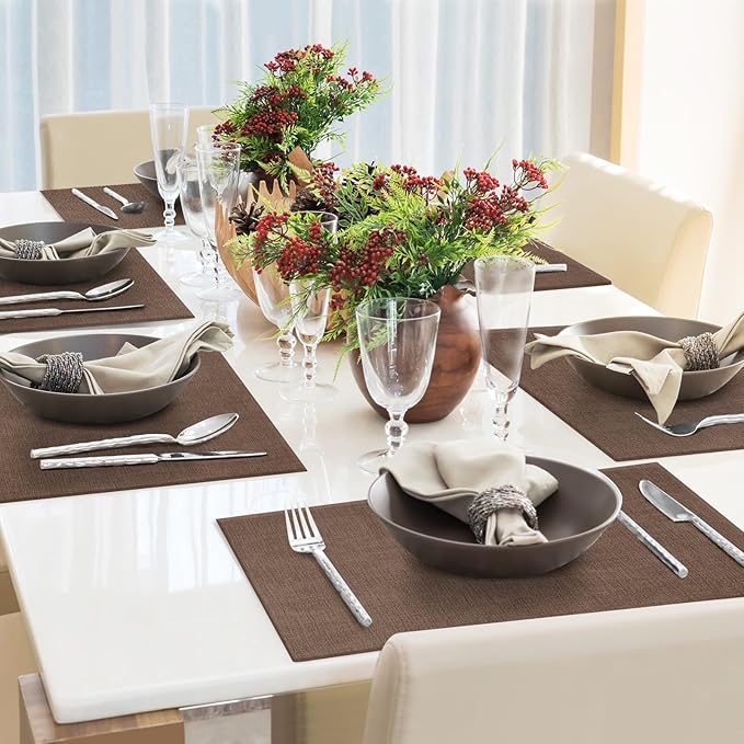 Faux Leather Placemats Set of 6 Washable PU Table mats for Kitchen Table - Heat Resistant, Waterproof, Easy Clean, Anti Slip 11.8" x 17" (Dark Brown-6 Pack)