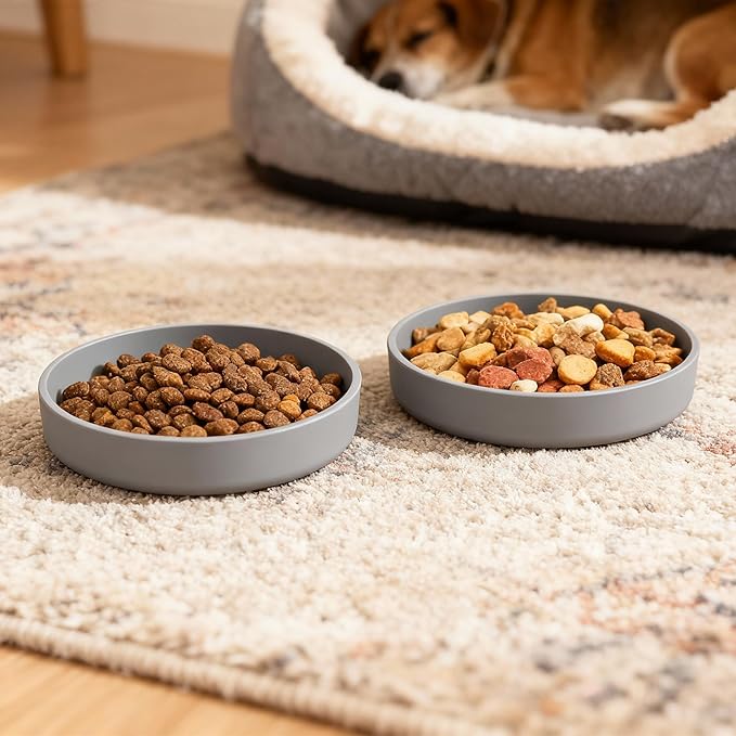 Silicone Cat Bowl Shallow Non-Slip Cat Dishes Set of 2 Relief Whisker Fatigue Small Pet Dog Bowls for Dry & Wet Food (Round Grey)