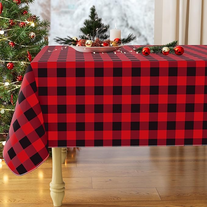 misaya Rectangle Waterproof Vinyl Table Cloth, Buffalo Flannel Backed Tablecloth, Wipeable Plastic Table Cover for Christmas (60" x 84", Red and Black)