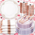 Ciaell 350 PCS Rose Gold Plastic Plates - Rose Gold Disposable Plates Dinnerware Include 50 Disposable Plate, 50 Heavy Duty Silverware, 50 Cups, 50 Napkins for Wedding & Party & Anniversary