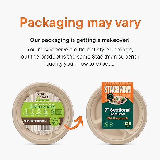 100% Compostable Paper Plates 10 Inch Bulk [500 Count] Heavy-Duty Dinner Plates with Compartments - Natural Brown Color Bagasse - Eco-Friendly Disposable Biodegradable Sugarcane - [Case 4/125 Pack]
