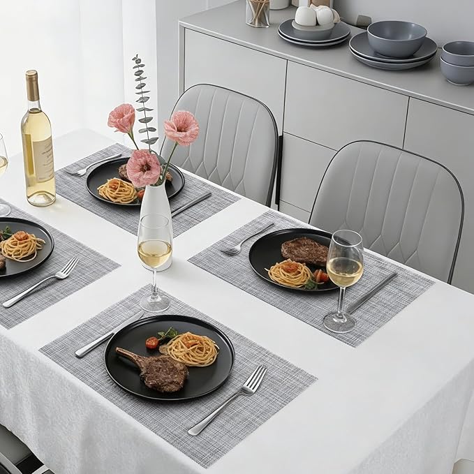 Timeet Placemats Set of 8, Heat Resistant Non-Slip Place Mats, Durable Washable PVC Vinyl Woven Table Mats, Linen Textured Table Placemats for Dining Kitchen Resistant Easy to Clean(Gray)