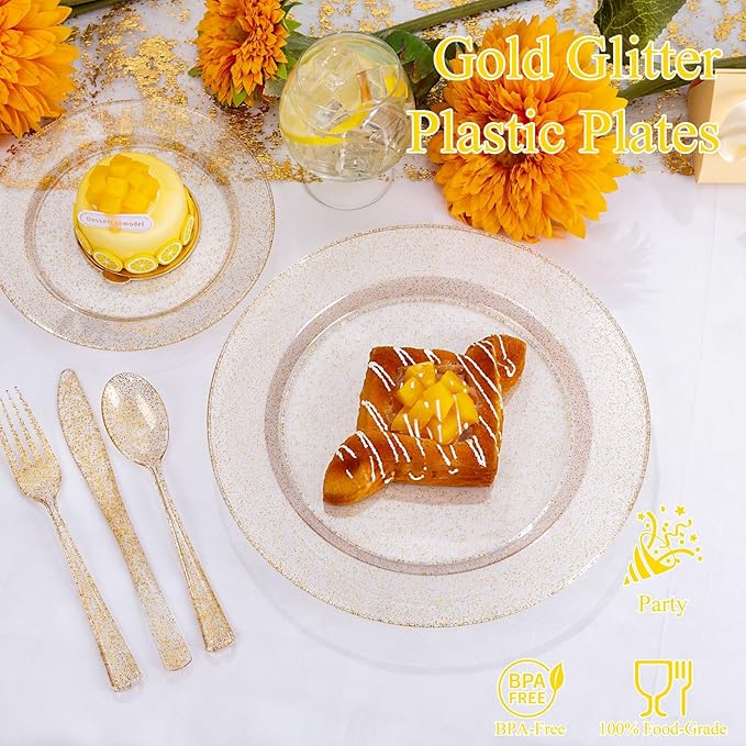 WDF 200PCS Gold Plastic Plates - Gold Glitter Plastic Plates - Heavy Duty Gold Glitter Disposable Plates - Include 100 Dinner Plates 10" and 100 Dessert Plate 7" for Party Wedding Valentine's Day