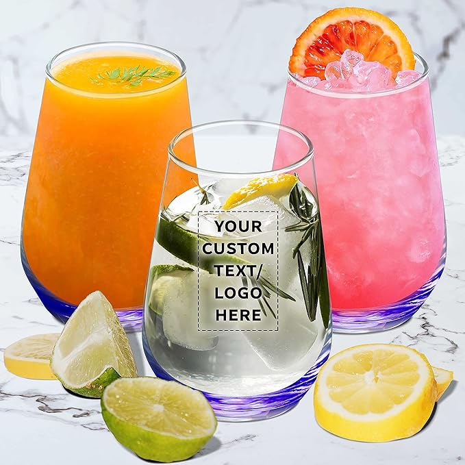 DISCOUNT PROMOS 10 Vaso Silicia Stemless Wine Glasses Set, 16 oz. - Personalized Text, Logo - Clear, Orb-Like, Thick base - Purple