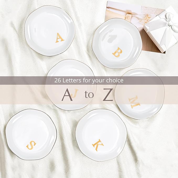 ProCase Ceramic Jewelry Tray, Initial Ring Dish Trinket Plate Engagement Gift, Small Personalized Monogram Ring Bowl for Wedding, White Decorative Jewelry Holder for Women Vanity -Letter E