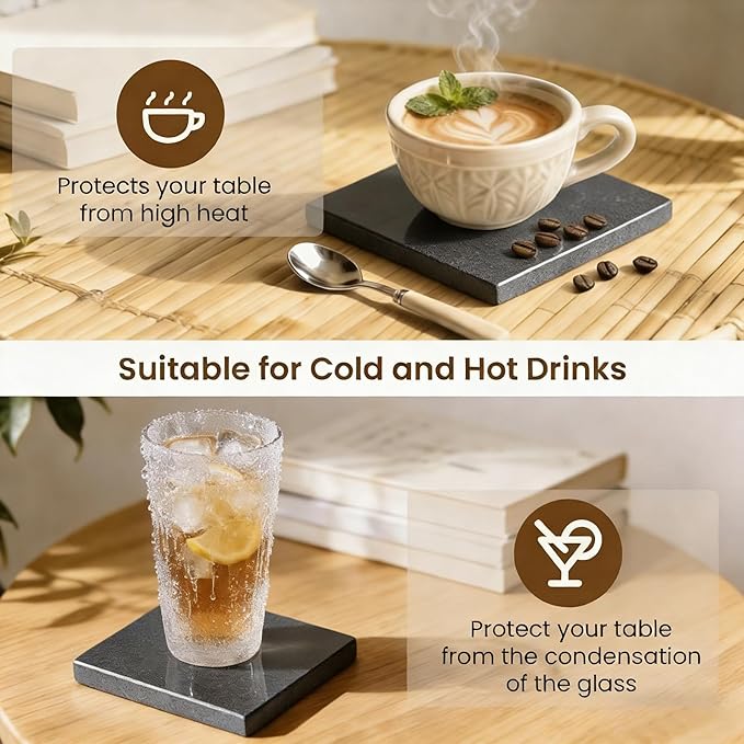 Natural Marble Coasters, Square Costers, Luxury Aesthetic Modern Decor for Coffee Table Bar Kitchen Home, Grey Marble, Real Natural Semi Absorbent Stone Coasters