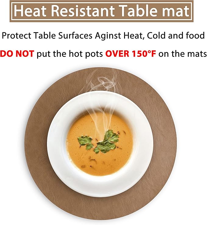 Set of 8 PU Leather Placemats, Waterproof Coffee Coasters, Kitchen Table Mats, Easy to Wipe Off for Dining Round Table