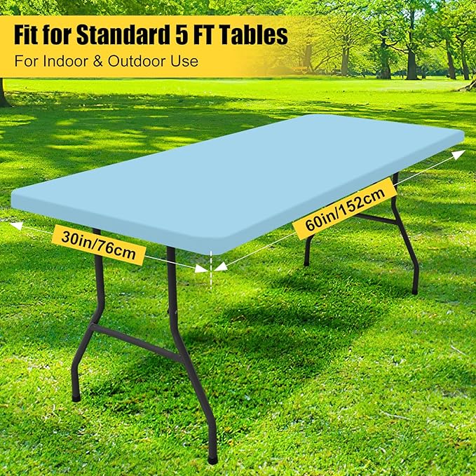 Smiry Rectangle Picnic Table Cloth, Waterproof Elastic Fitted Tablecloths for 5 Foot Tables, Washable Polyester Table Cover for Camping, Indoor and Outdoor (Light Blue, 30"x60")