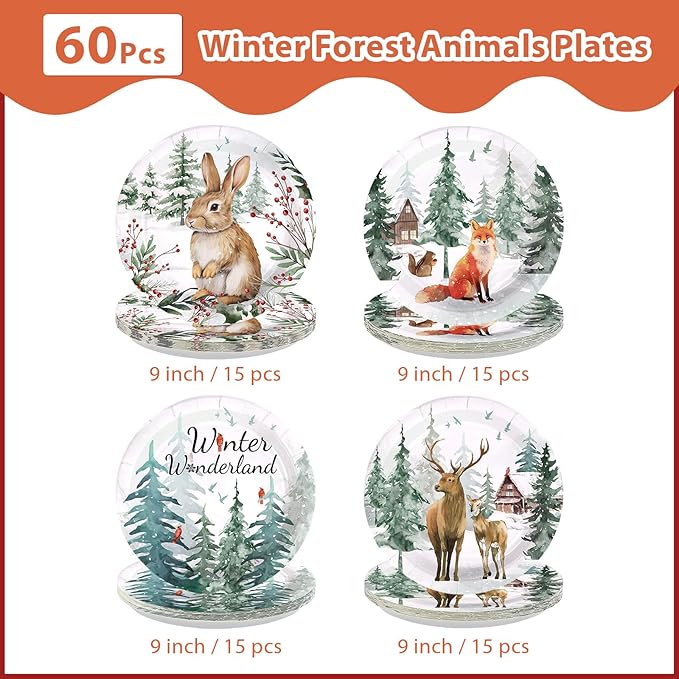 60Pcs Winter Woodland Animals Disposable Paper Plates 9” Winter Wonderland Heavy Duty Paper Plates with Bunny Fox Deer Patterns for Christmas Holiday Party Supplies Decorations