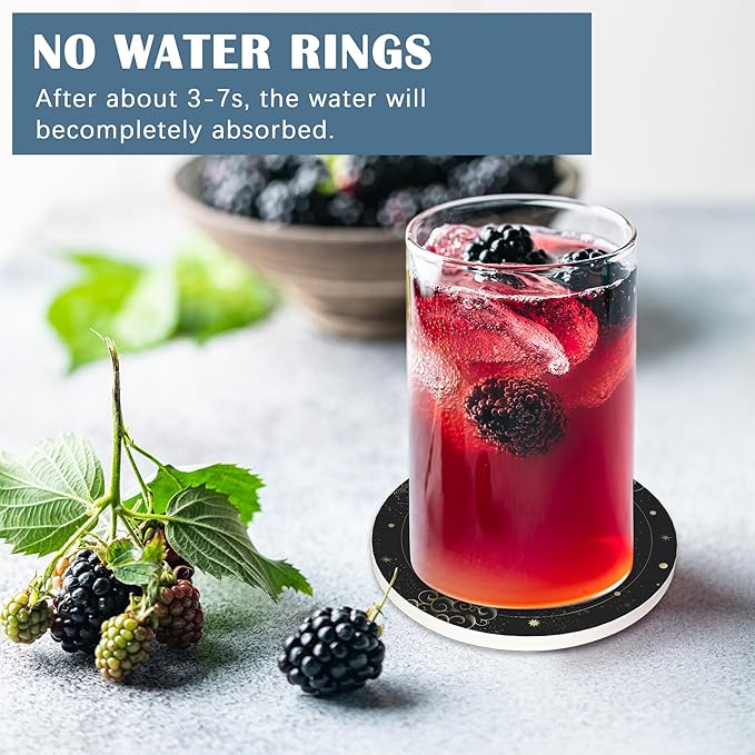 Coasters for Drinks,Golden Sun Moon Boho Absorbent Coaster Set of 4 with Cork Base,Ceramic Drink Coasters for Cold Drinks Wine Glasses Cups Mugs,Housewarming Gifts for Home Decor