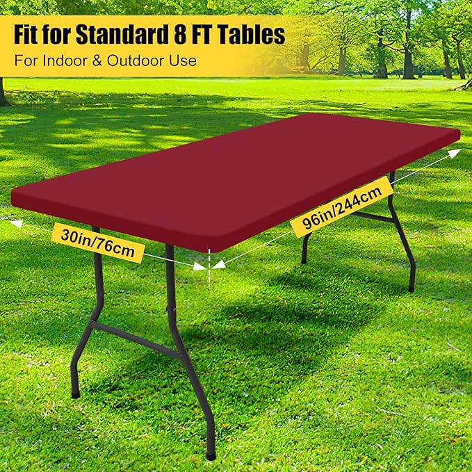 Smiry Rectangle Picnic Table Cloth, Waterproof Elastic Fitted Tablecloths for 8 Foot Tables, Washable Polyester Table Cover for Camping, Indoor and Outdoor (Wine Red, 30"x96")