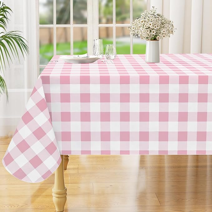 misaya Rectangle Waterproof Vinyl Table Cloth, Buffalo Flannel Backed Tablecloth, Wipeable Plastic Table Cover for Valentine's Day, Dinner, Kitchen, Outdoor (60" x 102", Pink and White)