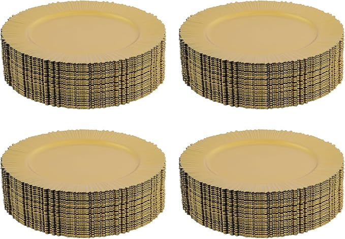 Charger Plates, 100pcs Floral Gold 13inch Plastic Dinner Plate, Round Plastic Dinner Plate with Delicate Texture for Parties Wedding (Floral Gold)