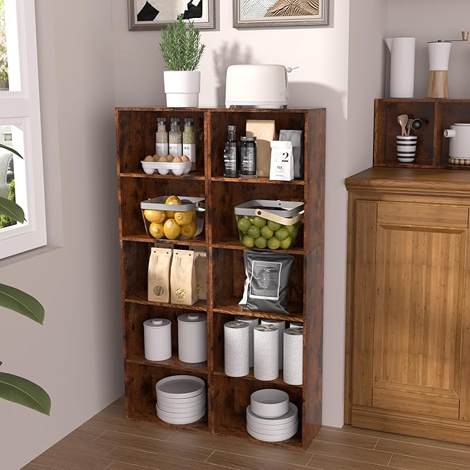 Wooden 5 Cube Storage Organizer, Vintage Brown 5 Tier Bookcase Bookshelf Freestanding Storage Display Organizer,Versatile Cubes Shelf and Cubby Unit for Living Room, Home Office, Dinning Room 15.7inch