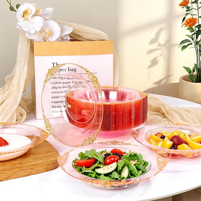 100PCS Clear Pink Plastic Bowls - 12 oz Pink Gold Disposable Salad Bowls - Heavy Duty Disposable Soup Bowl - Fancy Plastic Ice Cream Bowl for Weddings Valentine's Day Parties Dinners Picnics