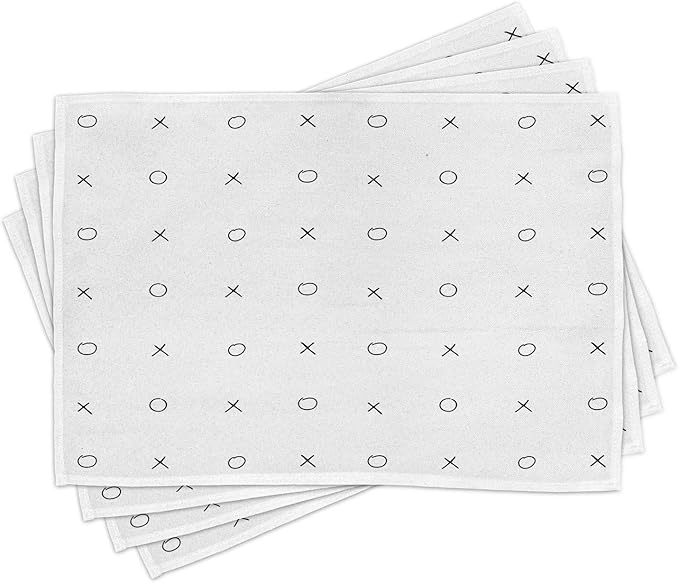 Ambesonne Xo Place Mats Set of 4, Hand Drawn Geometrical Pattern Classic Game Tic Tac Toe in Black White Colors, Washable Fabric Placemats for Dining Room Kitchen Table Decor, Black White