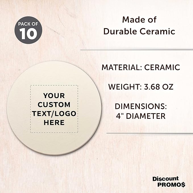 DISCOUNT PROMOS Custom Ceramic Coasters Set of 10, Personalized Bulk Pack - 4 Inches with Cork Bottom Pad, Perfect for Hotel, Bar, Restaurant - Natural