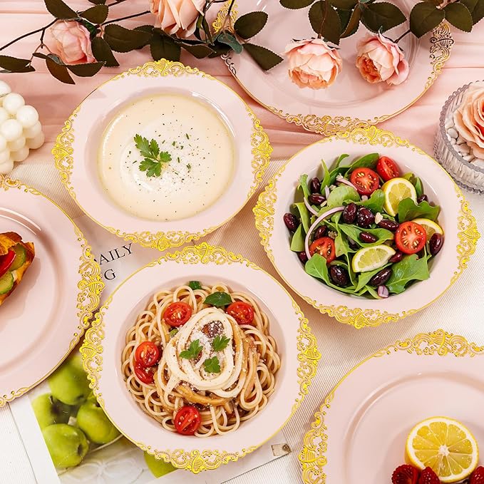 100PCS Pink Plastic Bowls - 12 oz Pink Gold Disposable Salad Bowls - Heavy Duty Disposable Soup Bowl - Fancy Plastic Ice Cream Bowl for Weddings Valentine's Day Parties Dinners Picnics