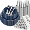 350PCS Navy Blue Plates for 50 Guests, Disposable Dinnerware Sets Include 100 Plastic Plates, 50 Silverwares, 50 Cups, and 50 Pre Rolled Napkins for Party, Wedding and Graduation