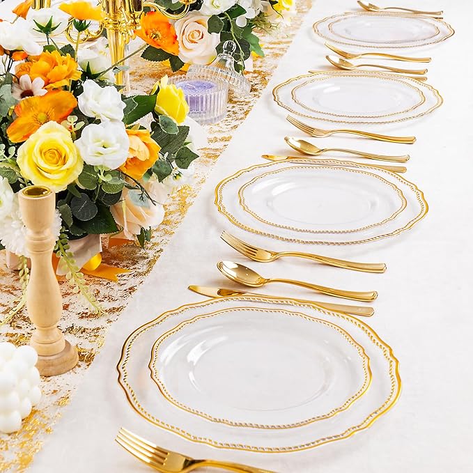 Hioasis 60pcs Clear Plastic Plates - Clear and Gold Disposable Dinnerware with Gold Rim, Heavy-duty, 7.5 inch, Dessert Plates for Party & Wedding